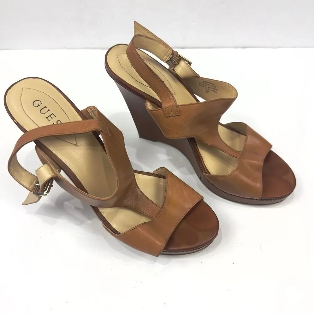 Guess WGFRANCIE Brown Leather Wedge Open Toe Strappy Sandals Women's Sz 10M